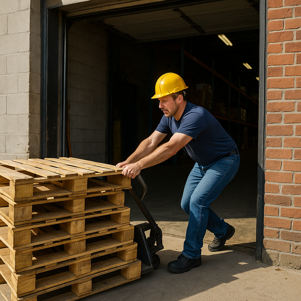 Man pushing a stack of pallets outside of a business